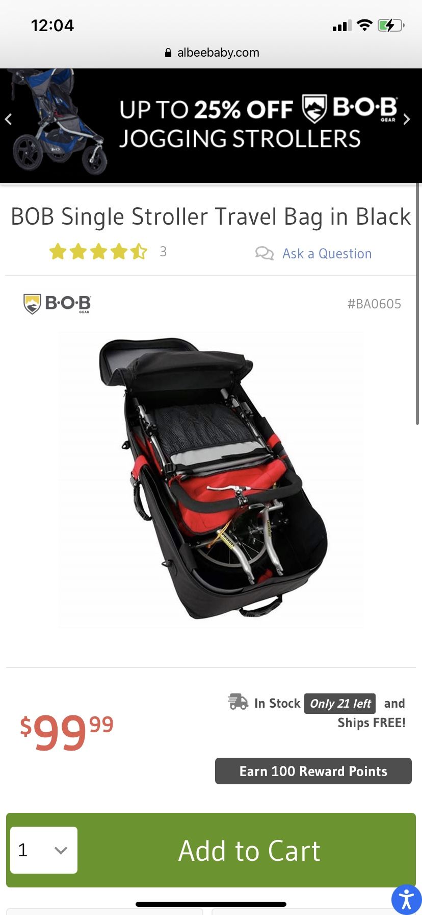 New BOB Single Stroller Travel Bag in Black