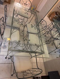 Vintage Wrought Iron Glass Top Dining Set with 6 Ornate Chairs