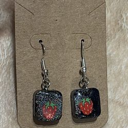 Black Sparkly Strawberry Dangle Earrings