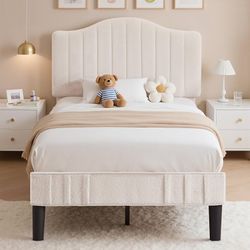 VECELO Twin Bed Frame Upholstered Platform Bed Frame with Height Adjustable Teddy Fabric Headboard, Strong Wood Slats Supports 7.9'' Under Bed Space N