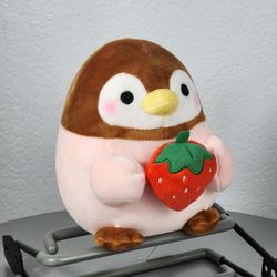 8" Takashoji Pink Penguin Holding Strawberry Plush