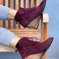 Diba Blake Suede leather 3.5"inch Wedge Zip Bootie Burgundy Womens Size 7 Maroon red 