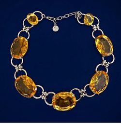 Statement Necklace Citrine-Color Faceted Oval Stones Silvertone Choker Chain