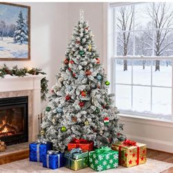 6FT Snow Flocked Artificial Christmas Tree with 800 Branch Tips,Fake Christmas Tree with Auto-Hinged & Foldable Stand,Snow Flocked Full Xmas Tree,Whit