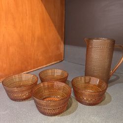 Amber Glass Pitcher & Bowl Set – No Chips/Cracks