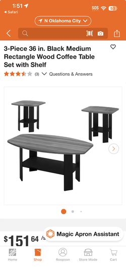 3-Piece 36 in. Black Medium Rectangle Wood Coffee Table Set with Shelf