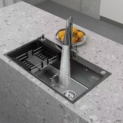 🥨30" Drop-In Kitchen Sink,Stainless Steel Sinks for Home Dishwashing with Sliding Accessories,Perfectly Fits Family Kitchen Space, Black B, 30"L x 18