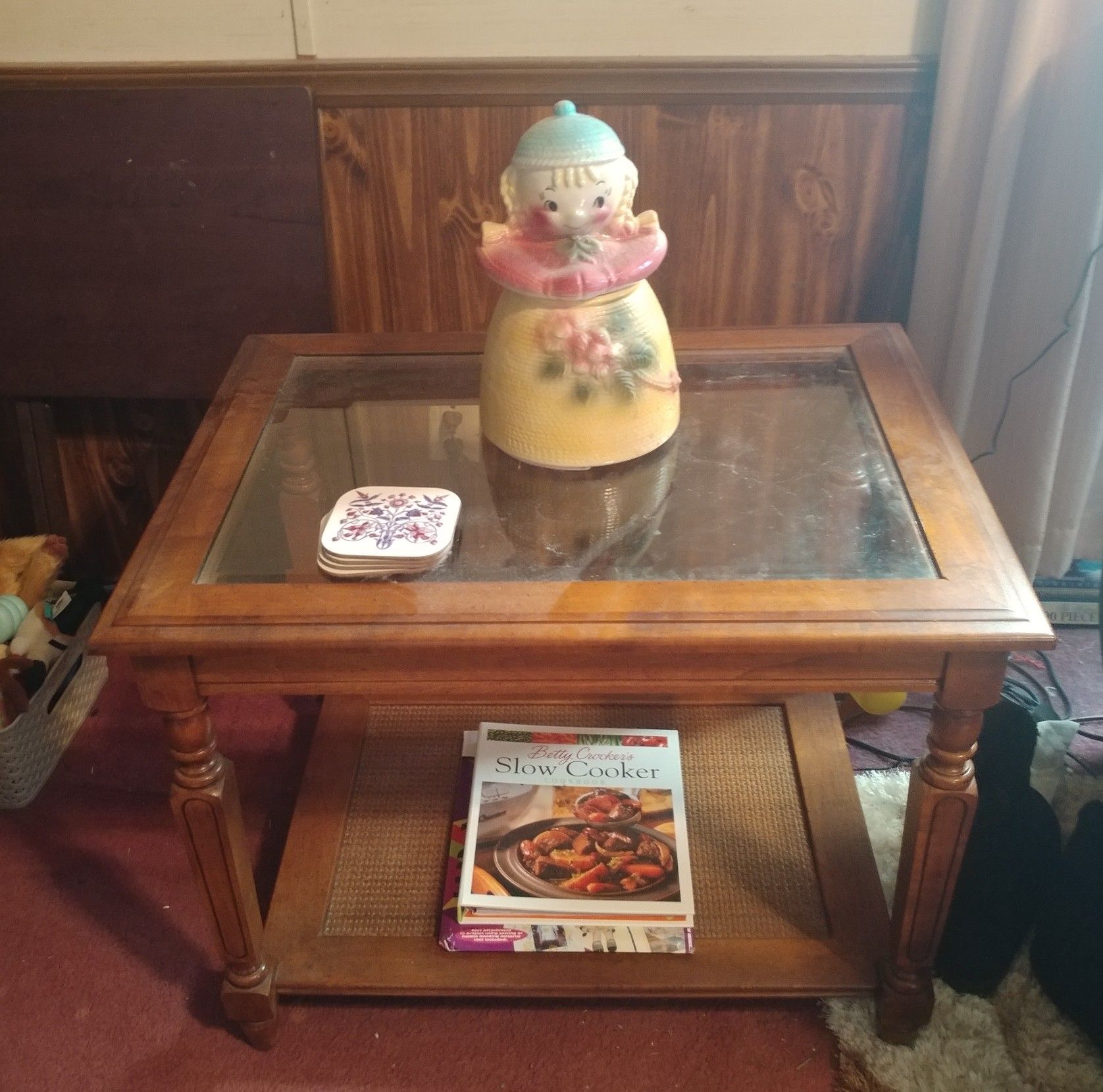2 wooden glass top end tables