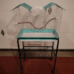 Large Bird Cage And Rope Perch. Can Be Used On A Table Top. Shows What It Looks Like On Bird Cage Stand. (Not Included)