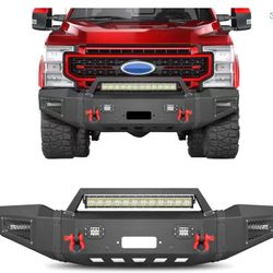 Heavy Duty Front Bumper Replacement for 1 F250 F350 F450 Super Duty, with Winch Plate, 5x LED Lights & D-Rings | Textured Black Steel Off-Road