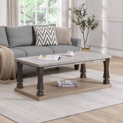 NEW Light Grey Solid Wood MDF Outdoor Coffee Table with 2-Tier Storage Shelf, Center Table Wooden Accent Cocktail End Table