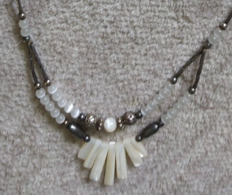 Vintage Mother Of Pearl, Carved Stone Bars, Moonstone, And Hematite Tribal Necklace 