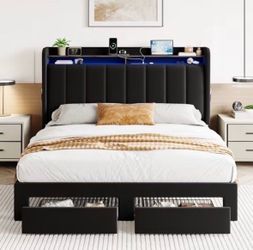 Black Upholstered Bed Frame with LED Headboard and Storage Drawers