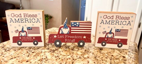 Super Cute 4th of July “God Bless America” and “Let Freedom Ring” with Gnome Wooden Block Decor - $6 Each