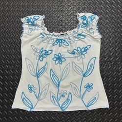 Once Again Floral Embroidery Blouse Artsy Ruffle Botanical White Womens Medium