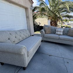 Beautiful Upholstered Tufted Sofa And  Chaise Grey