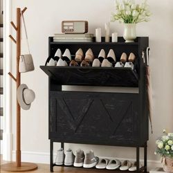 Narrow Shoe Storage Cabinet with 2 Flip Drawers & Adjustable Shelf for Entryway, Freestanding Hidden Slim Shoe Organizer Rack,