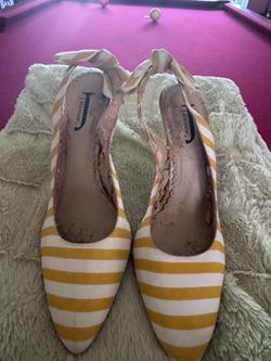Yellow and white striped heels