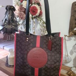 Coach Dempsey Tote Bag 22 Black Leather Canvas Pink Wine