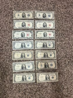 $5&$2&$1 bills blue and red seal (14 pieces )