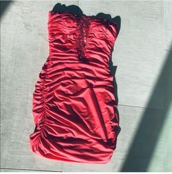 Trendy Iconic Coral Satin Ruched Strapless Mini Dress