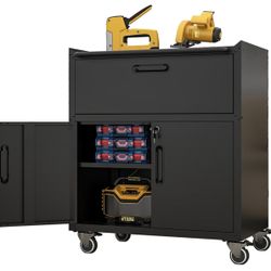 Metal Tool Cabinet for Garage with Wheels - Mobile Heavy-Duty Storage Cabinet with 1 Drawer and 2 Locking Doors, Rolling Tool Storage Cabinet, Black 