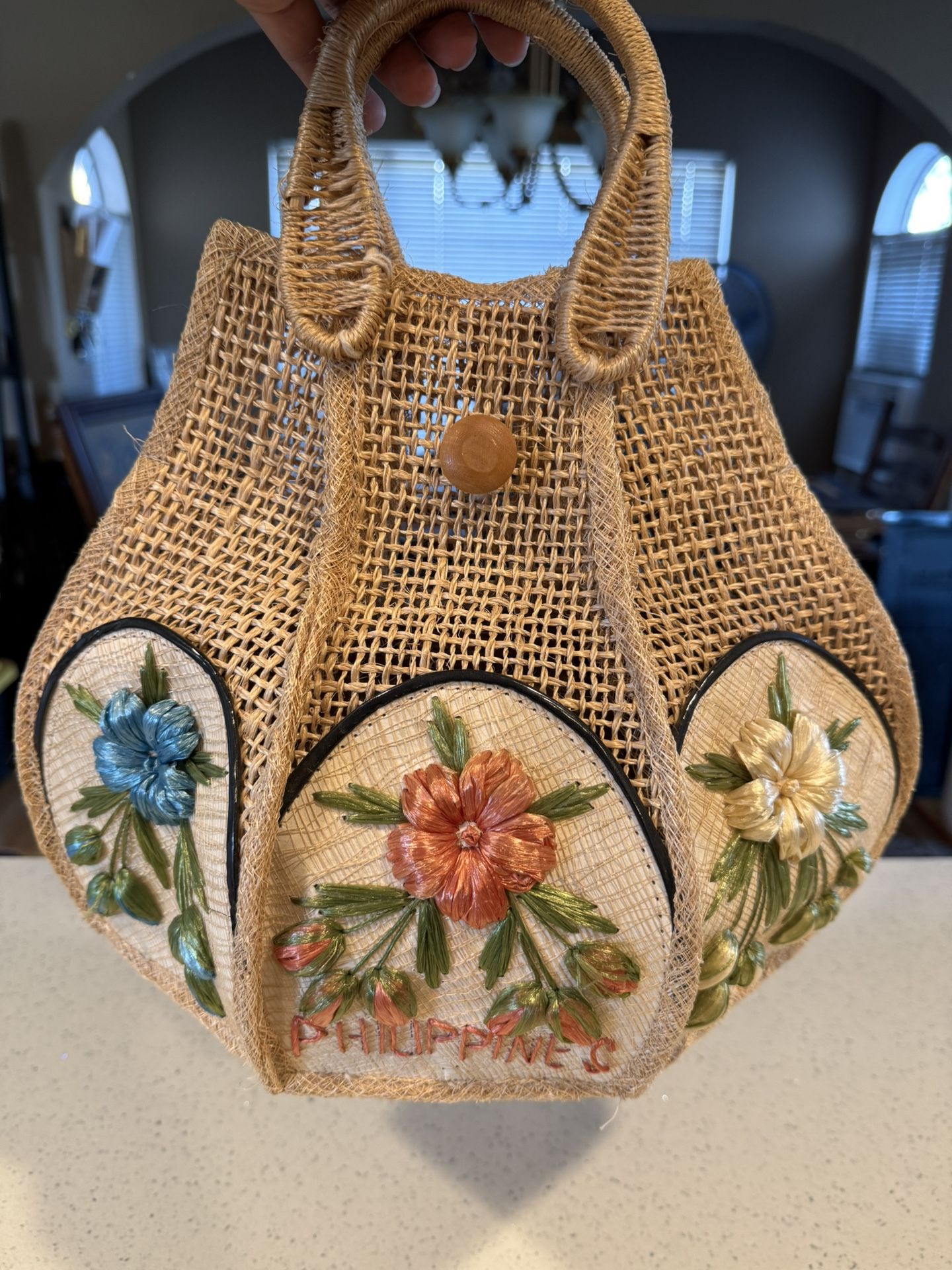 Vintage Filipino Woven Straw Tote: 1940s Raffia Embroidered Floral Bag