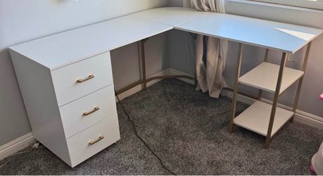 White L-Shaped Desk with Gold Frame