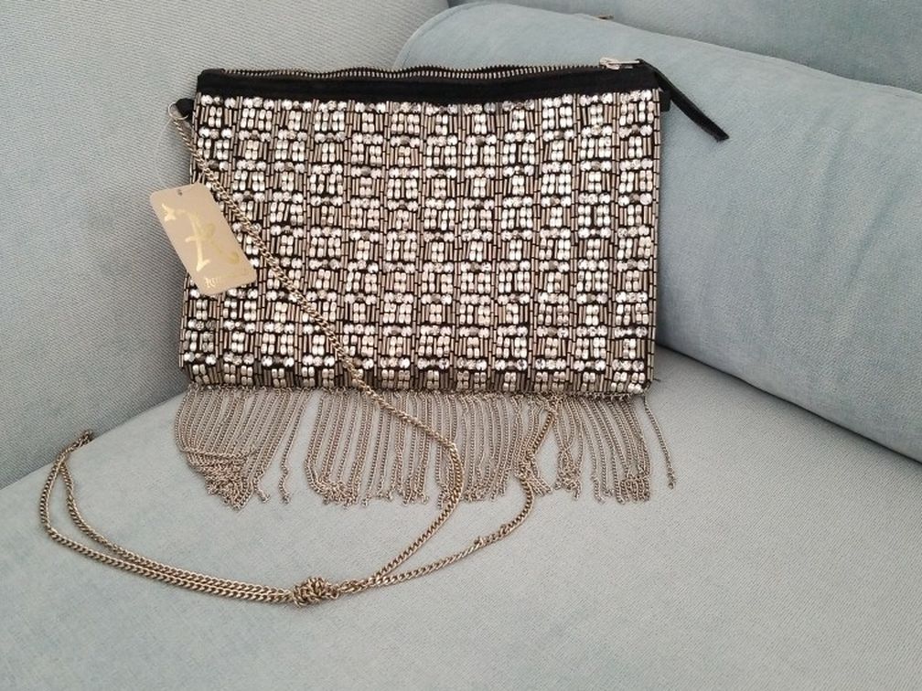 Silver Beadwork Clutch With Fringe Chains