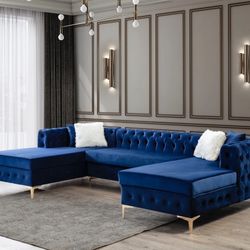 Lydia Velvet Navy Double Chaise Sectional / couch /Living room set