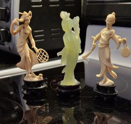 HARDSTONE (JADE?) CARVED KWAN YIN MAIDEN SCULPTURE + 2 RESIN CHINESE FIGURINES
