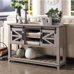 OKD Entryway Table w/Sliding Barn Doors, 46'' Farmhouse & Industrial Console Table with Storage, Rustic Sofa Table w/Adjustable Shelf & Open Shelf for