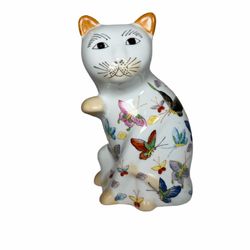 Vintage Asian Style Whimsical Ceramic Cat With Butterflies Figurine.