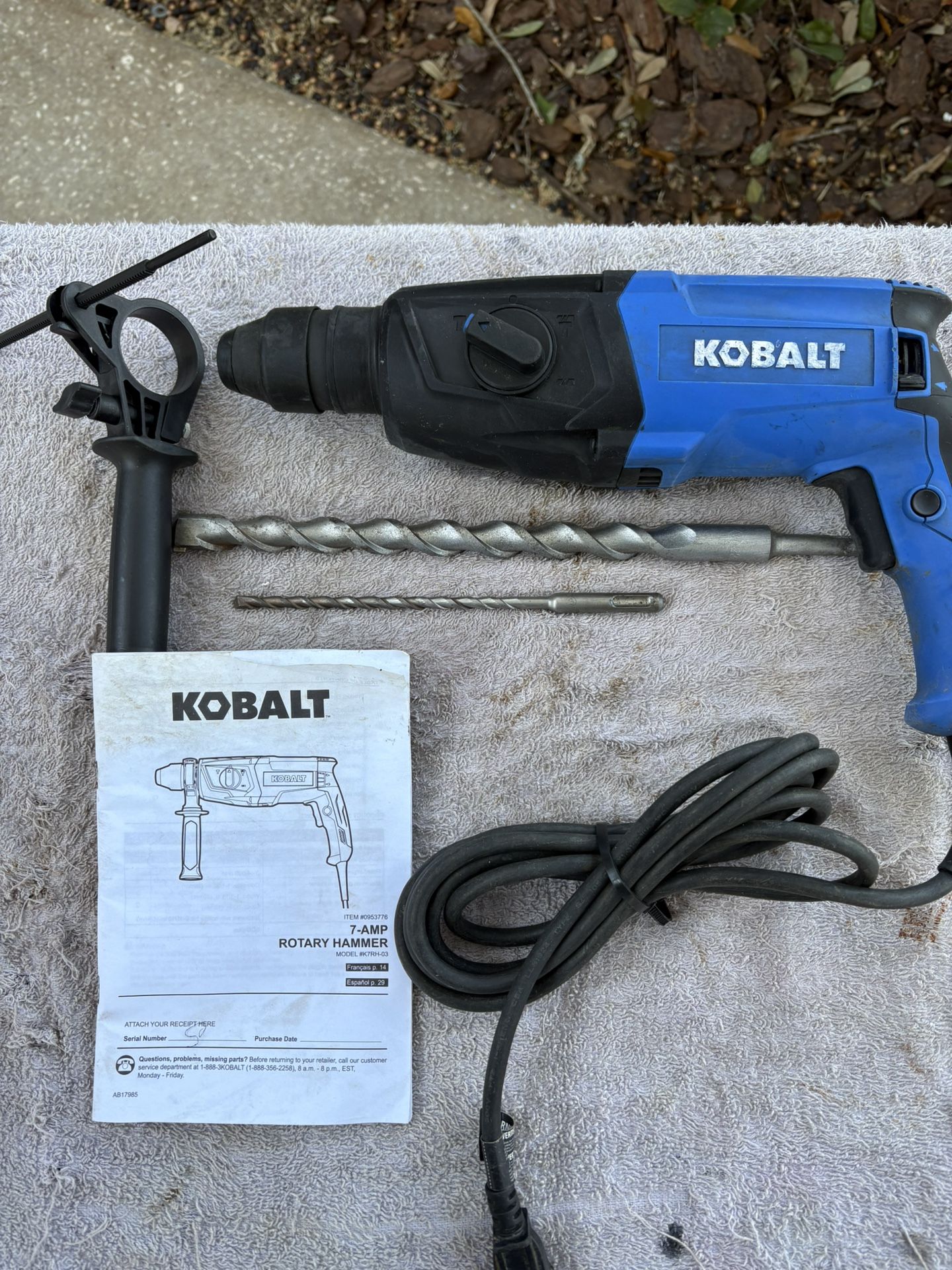 Kobalt SDS Plus Rotary Hammer Drill-K7RH-03-Like New-7 Amp, Keyless, (3) Options, Side Handle/Depth Set, Bits, 9’ Cord