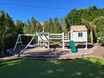 FREE White Wood Swing Set with Playhouse and Slide