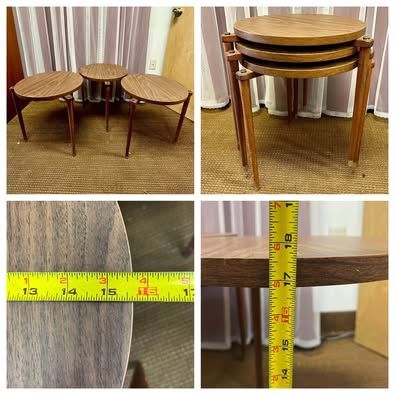 3 Mid Century Atomic Stacking Round Side Tables. MCM Nesting Tables. Retro accent table. Free to ask, I reply