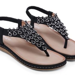 BRAND NEW IN BAG ulogu Women's Flat Sandals Dressy Summer Beach Shoes Casual Comfortable Boho Rhinestone Thong Flip-Flop w Elastic Strap size 38.  7.5