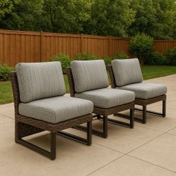 New Luxury Set of 3 Outdoor Patio Bistro Furniture Armless Section Chairs Wicker Rattan Premium Fabric Soft&Comfortable 5.5" Cushions with Metal Steel