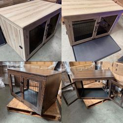 43 inch Wooden Dog Crate Furniture with 360°Rotatable Removable Dog Bowls, Dog Crate End Table with Tray, Double Doors Dog Kennels for Dogs