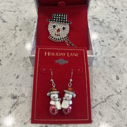 Holiday Lane Santa Earrings & Snowman Pin
