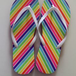 Cute, Colorful Rainbow Stripe Flip Flops – Pink Sole, White Straps – Summer Sandals - NEW!  NEVER BEEN WORN!