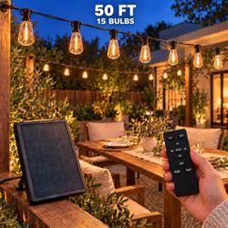 50 FT Solar Outdoor String Lights with remote ,15 Bulbs