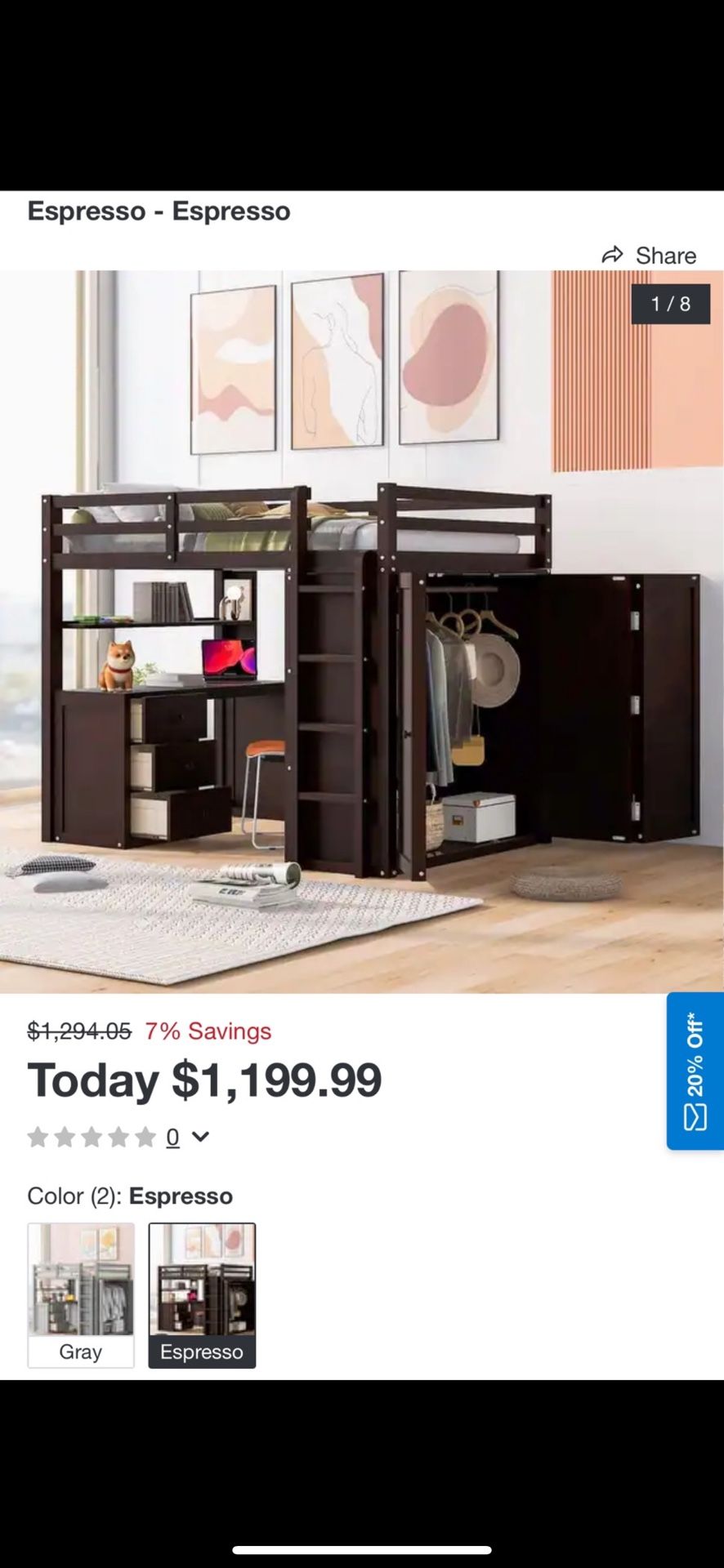 Full size Loft Bed with Drawers,Desk,and Wardrobe-Espresso