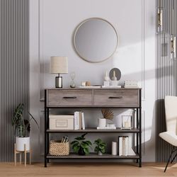  Industrial Console Table with Drawers, Vintage Hallway Foyer Table with Storage Shelves, Narrow Long Sofa Entryway Table for Living Room, Grey