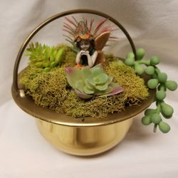 Fairy In Mini Succulent (Artificial) Garden In Brass Bowl With Handle  