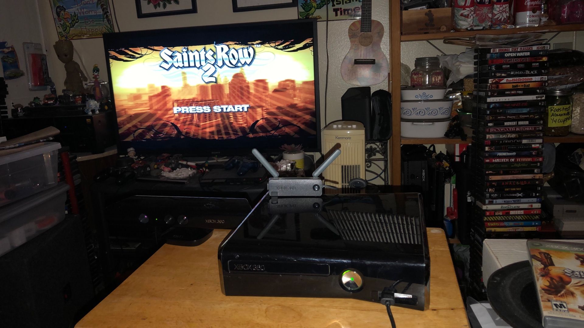 Xbox 360 S System With A One Wireless Controller And The Power Cable And RCA Cable And Two Sensors And One Game