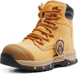 OUXX Work Boots for Men, Side Zipper Steel Toe Shoes, Water-Resistant, Non-Slip, Brown