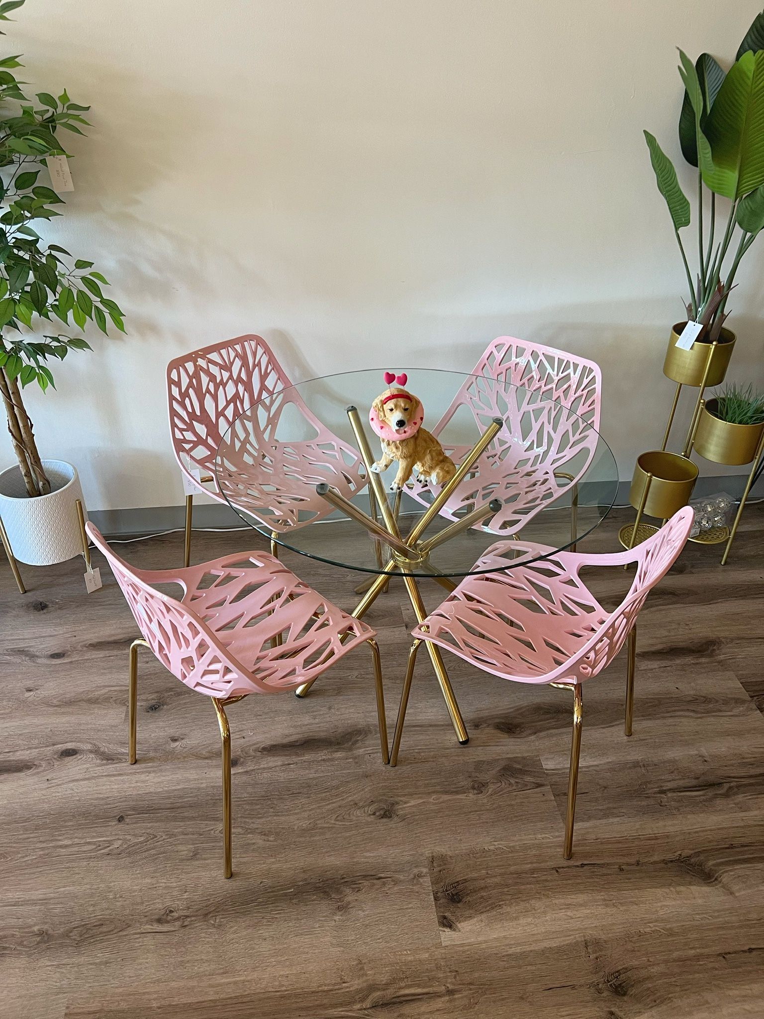 Pink Gold Round Dining Table Set For 4 People