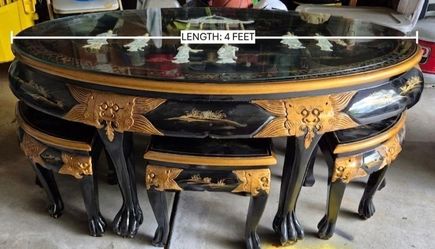 Chinese Lacquer Coffee Table with Nesting Stools