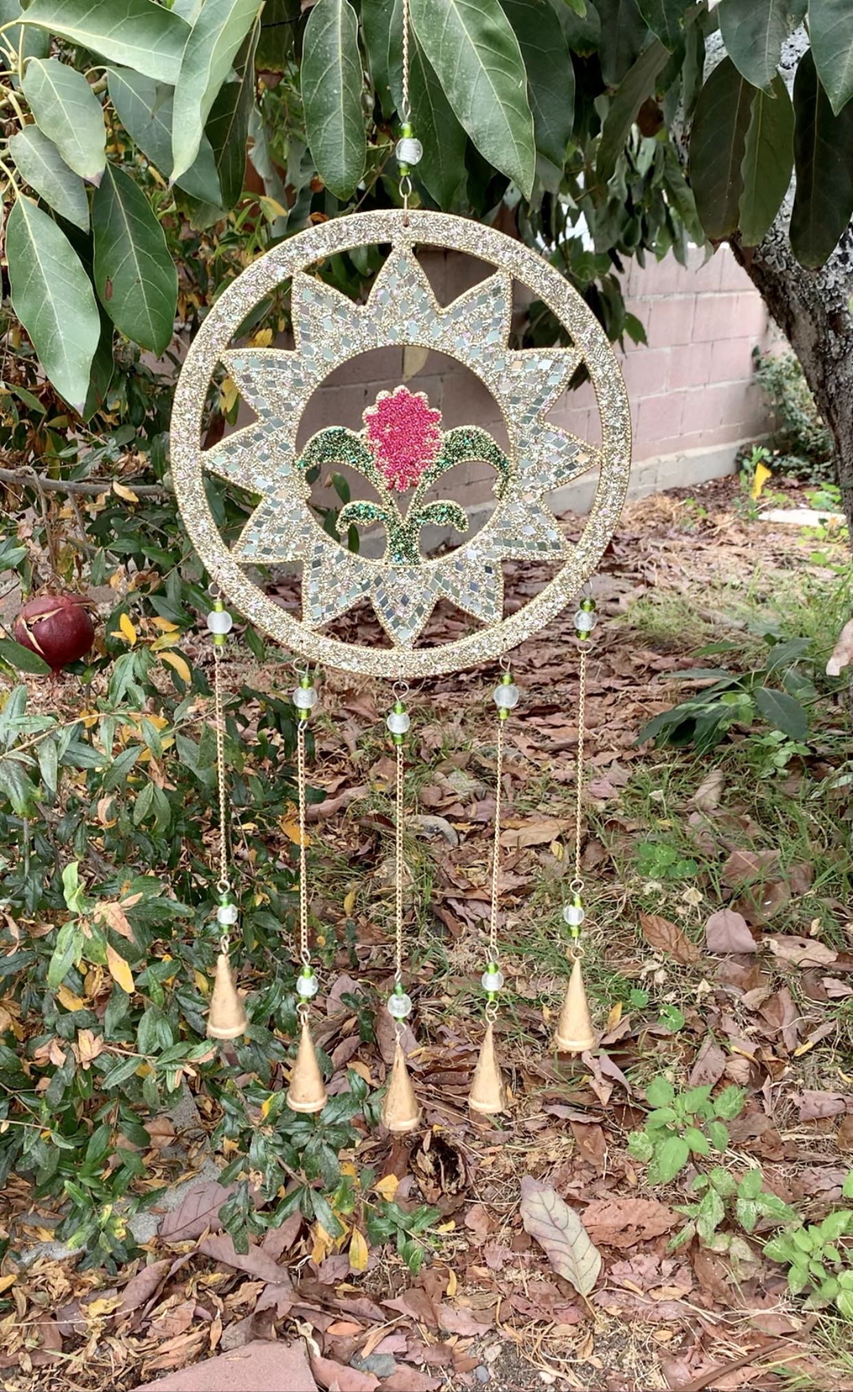 Large Sunburst Mirror Rose Beaded Wind Chime Sun Catcher Mobile 